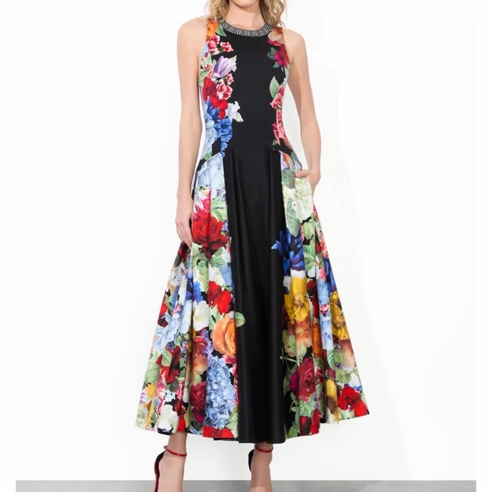Alice + Olivia Adley Drop Waist Midi Dress Garden Brunch Black Floral Colorful 8